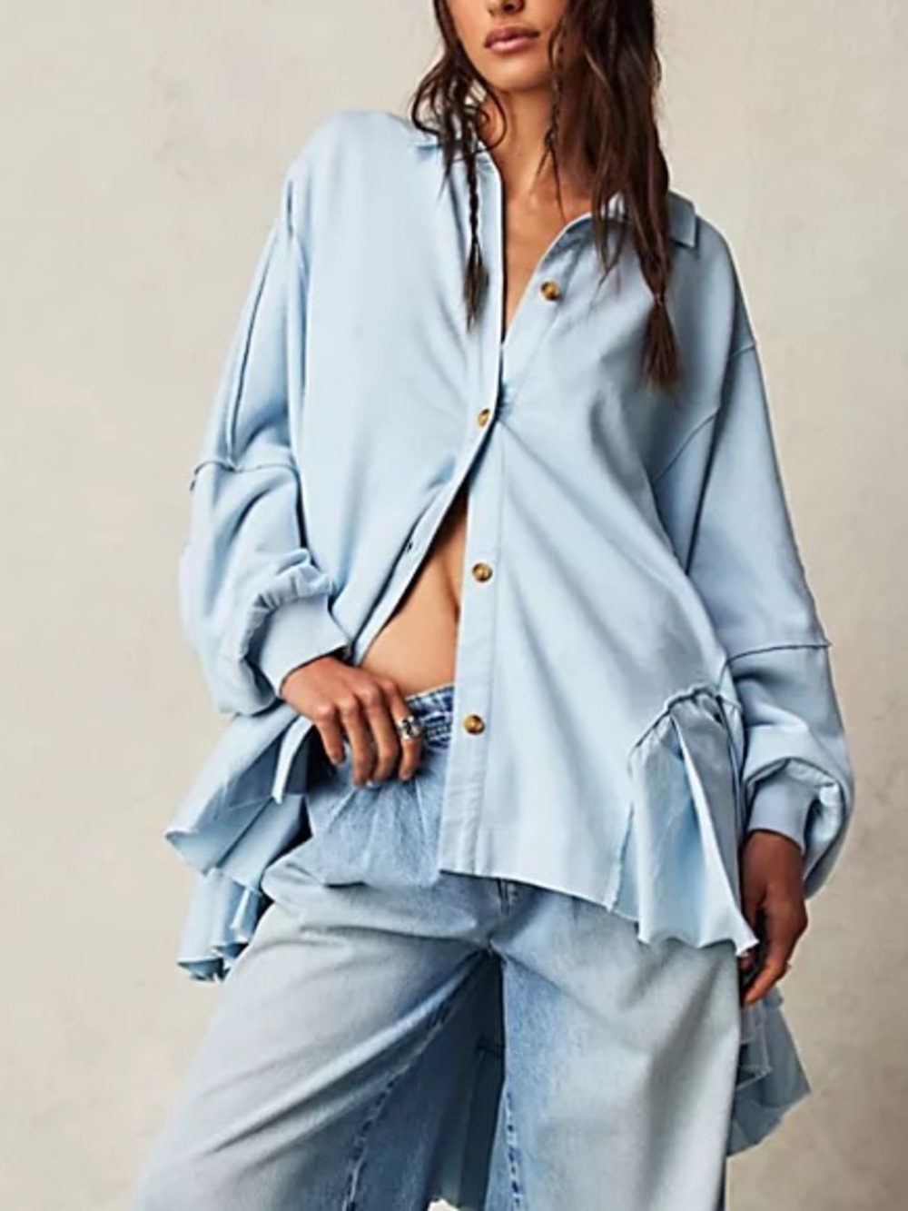 Free People Buttondown Sweatshirt Size XS Oversized Blue Ruffle Hem